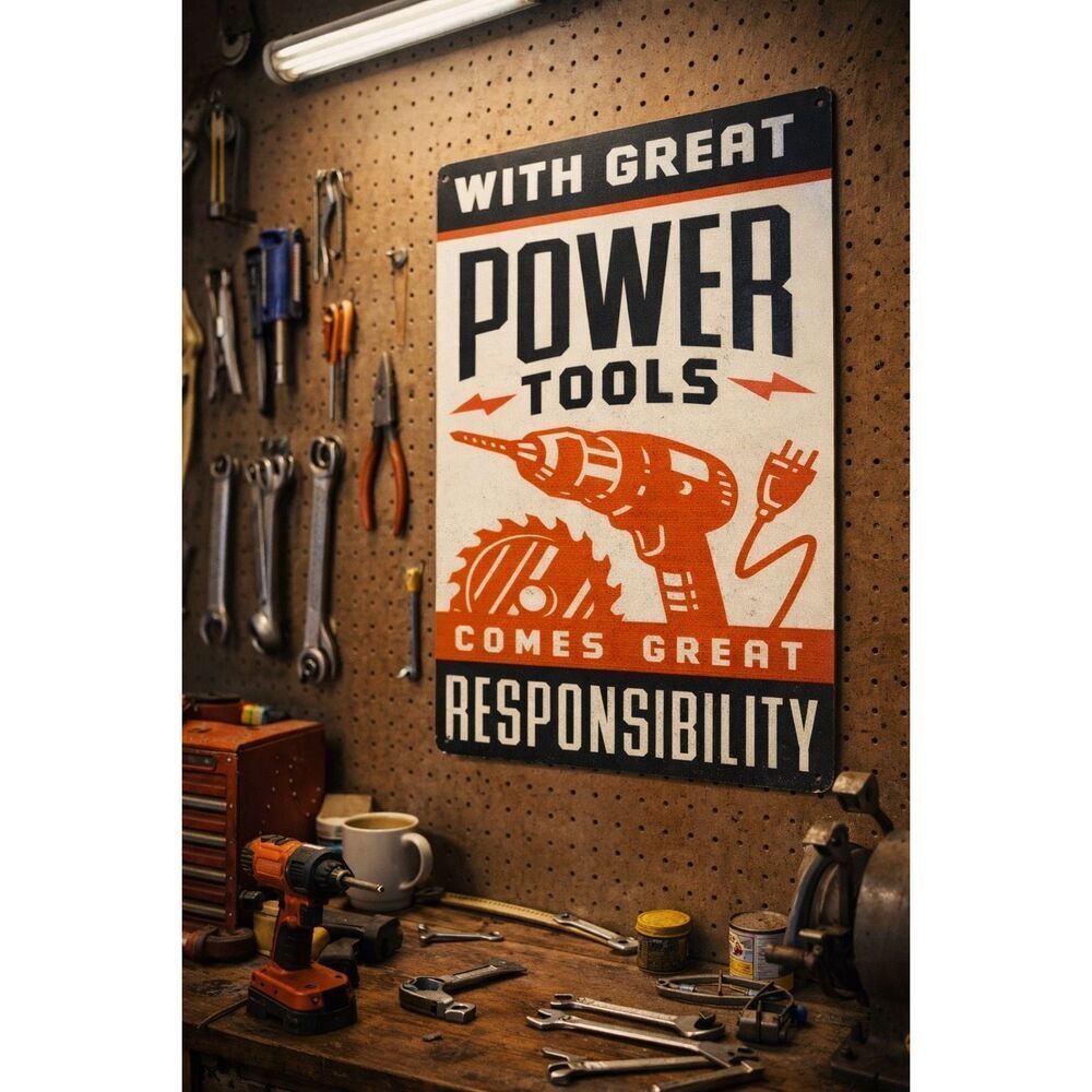 “With Great Power Tools Comes Great Responsibility” Metal Sign 8x12